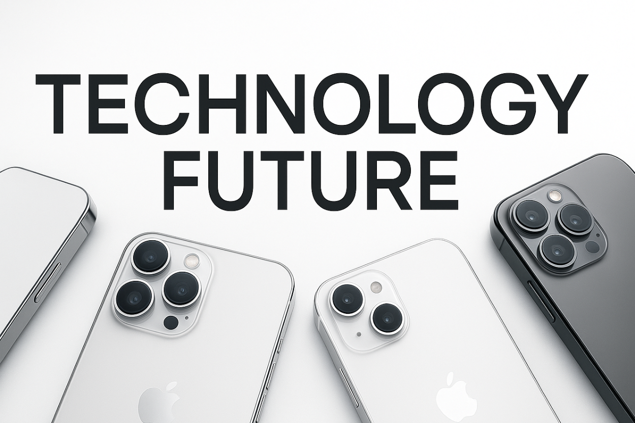 CREAME UNA IMAGEN DE TELFONOS IPHONE PERO PARA LA PARTE DE ABAJO DE LA TIENDA DE SHOPIFY CON EL SLOGAN TECNOLOGY FUTURE Y RICKYTECNO EN UN COSTADO PEQUEÑO
