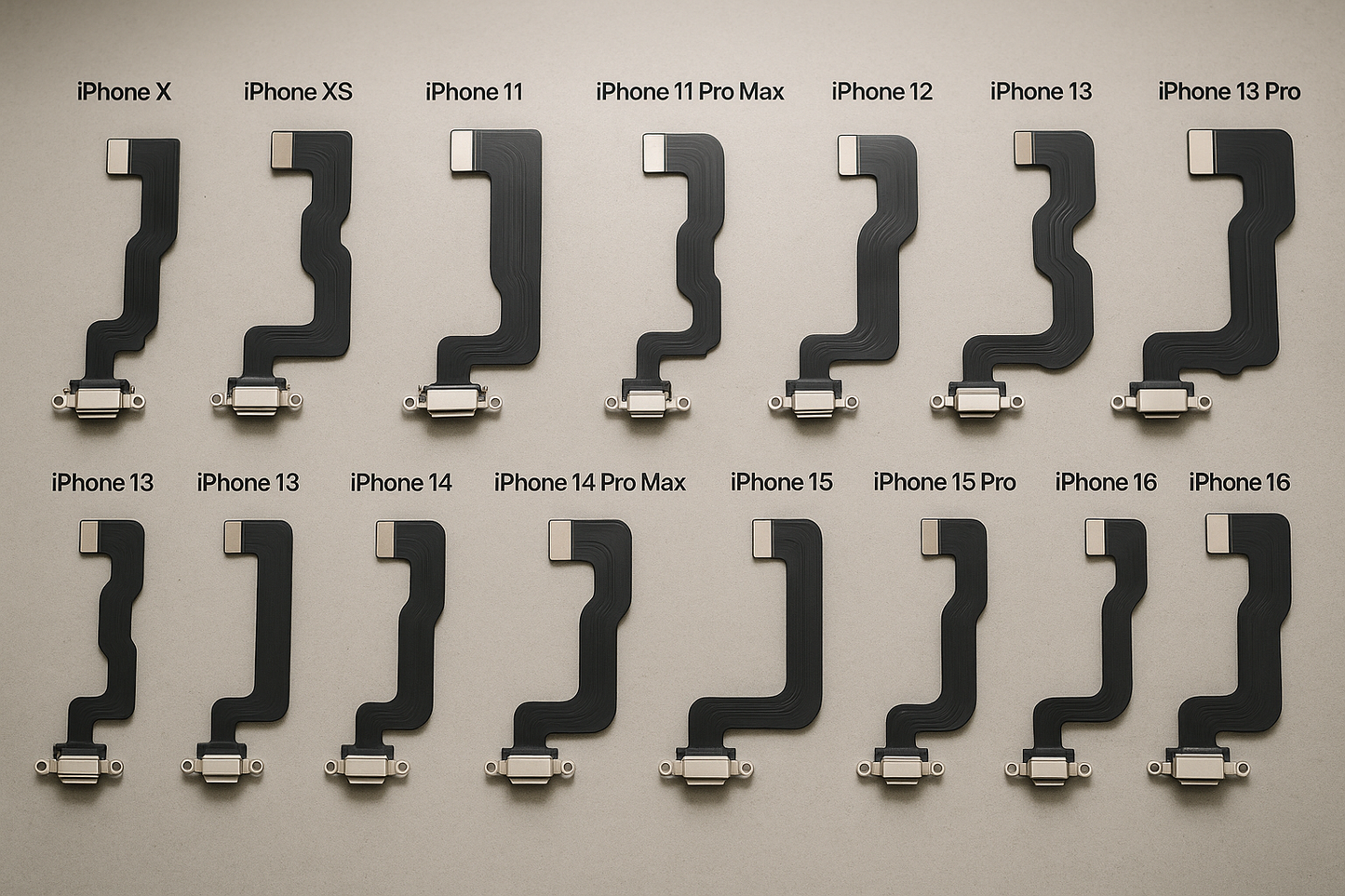 Fotografía de alta calidad mostrando flex de carga para todos los modelos de iPhone desde iPhone X hasta iPhone 16 Pro Max, organizados sobre una superficie limpia de taller, con detalle de los conectores y flexibles. Luz suave, enfoque nítido, fondo neutro.