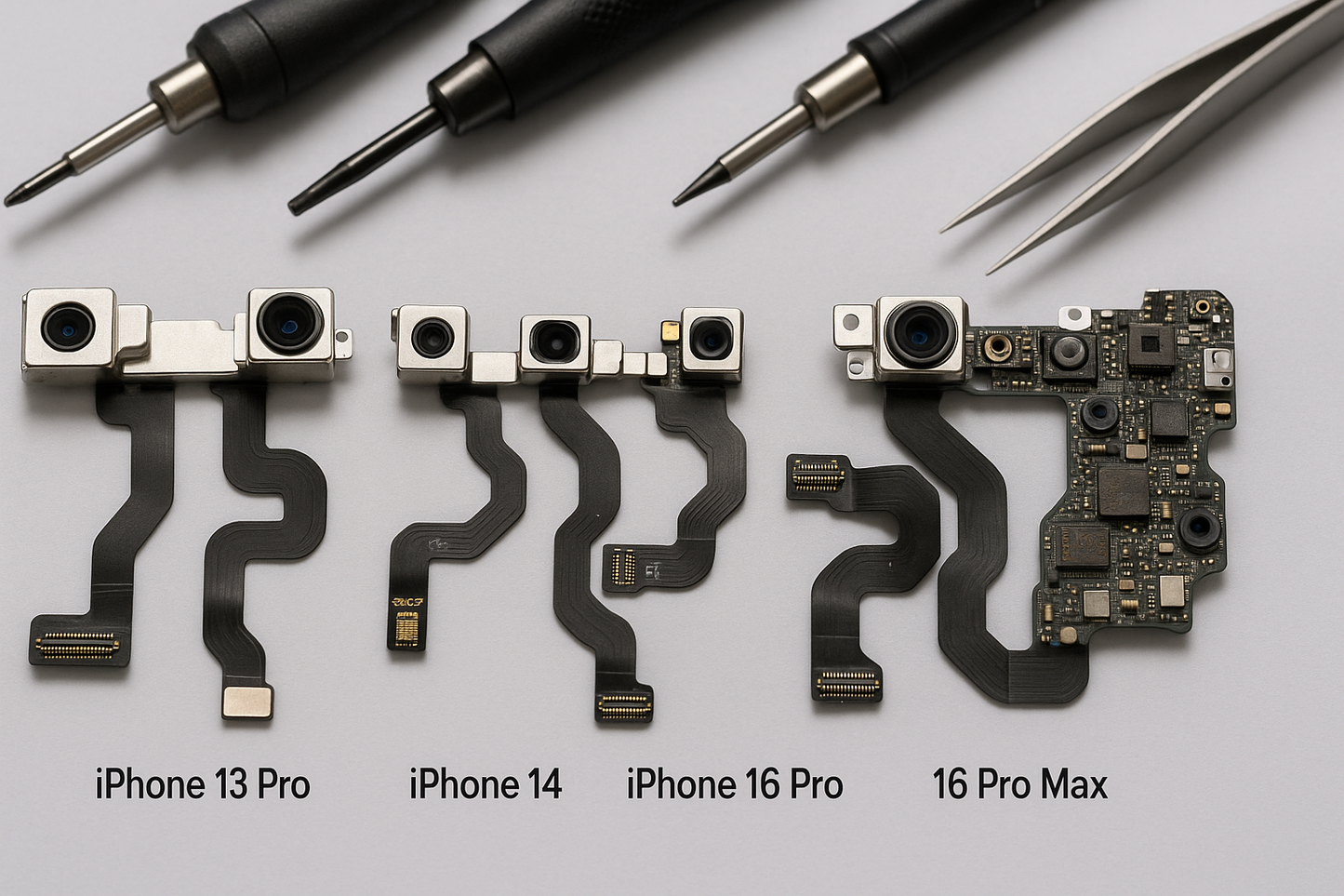 Fotografía realista de sensores internos para iPhone desde iPhone 12 Pro hasta iPhone 16 Pro Max, mostrando los componentes electrónicos y cables flex, en una superficie de reparación limpia con herramientas de precisión alrededor.