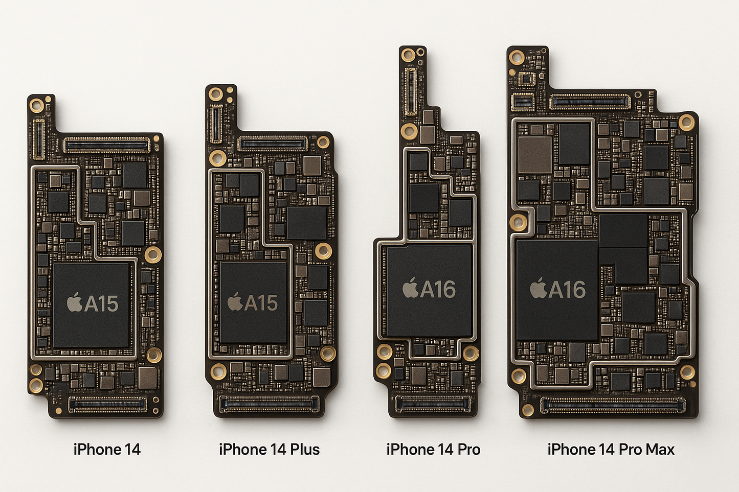 "High-resolution, detailed photograph of the internal logic boards (motherboards) of the complete iPhone 14 series with eSIM only (no SIM card tray slot), including iPhone 14, iPhone 14 Plus, iPhone 14 Pro, and iPhone 14 Pro Max, displayed side by side on a clean white background, professional product photography lighting, sharp focus, realistic colors, showing all chips, circuits, and connectors clearly.".