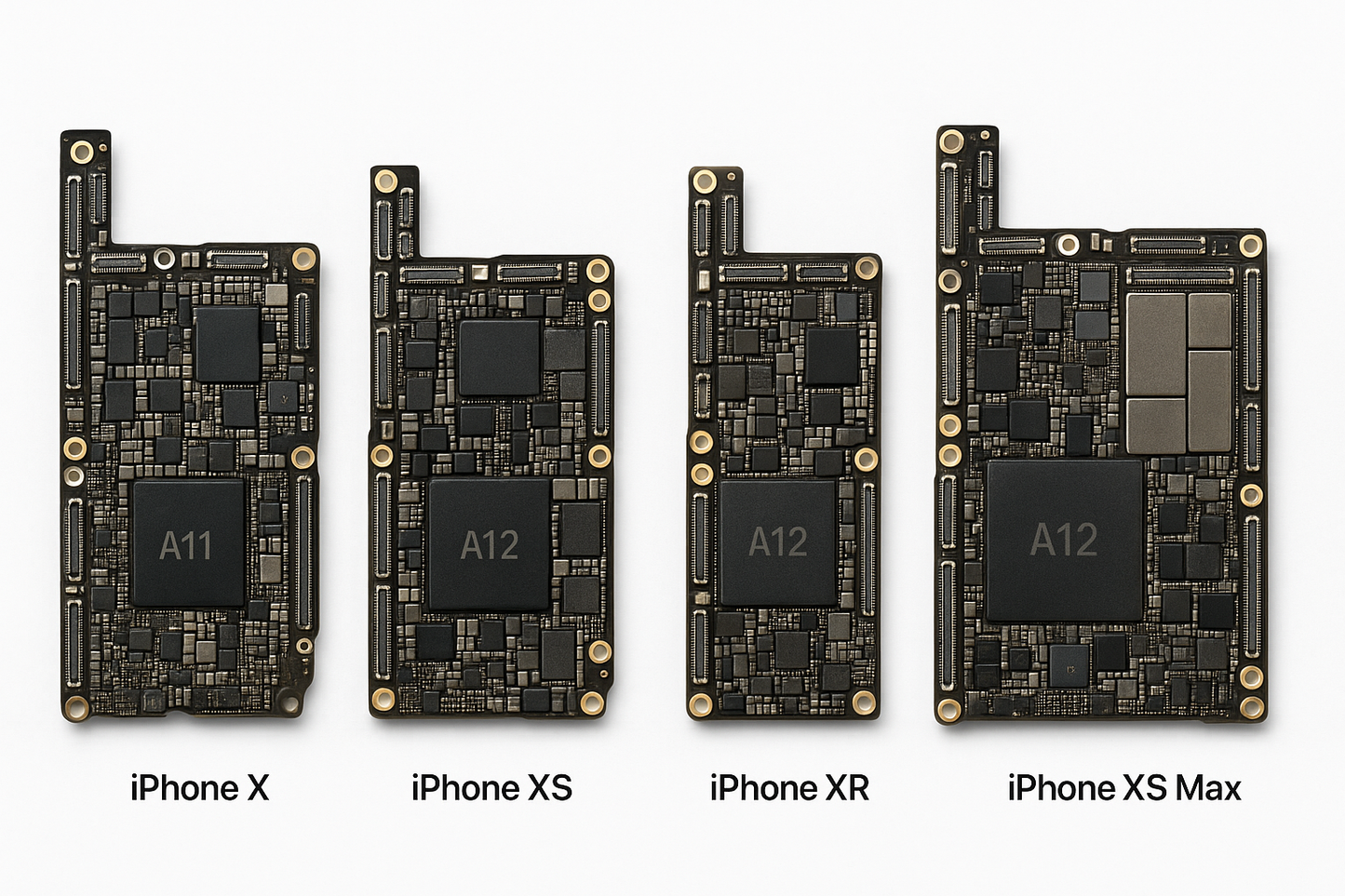 "High-resolution, detailed photograph of the internal logic boards (motherboards) of the complete iPhone X series, including iPhone X, iPhone XS, iPhone XR, and iPhone XS Max, displayed side by side on a clean white background, professional product photography lighting, sharp focus, realistic colors, showing all chips, circuits, and connectors clearly."