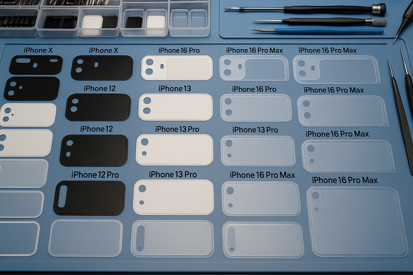 Imagen nítida de pegatinas de sellado para pantallas de todos los modelos de iPhone desde iPhone X hasta iPhone 16 Pro Max. Las pegatinas están organizadas por tamaño y color, sobre una mesa de trabajo de reparación de móviles, iluminación uniforme.