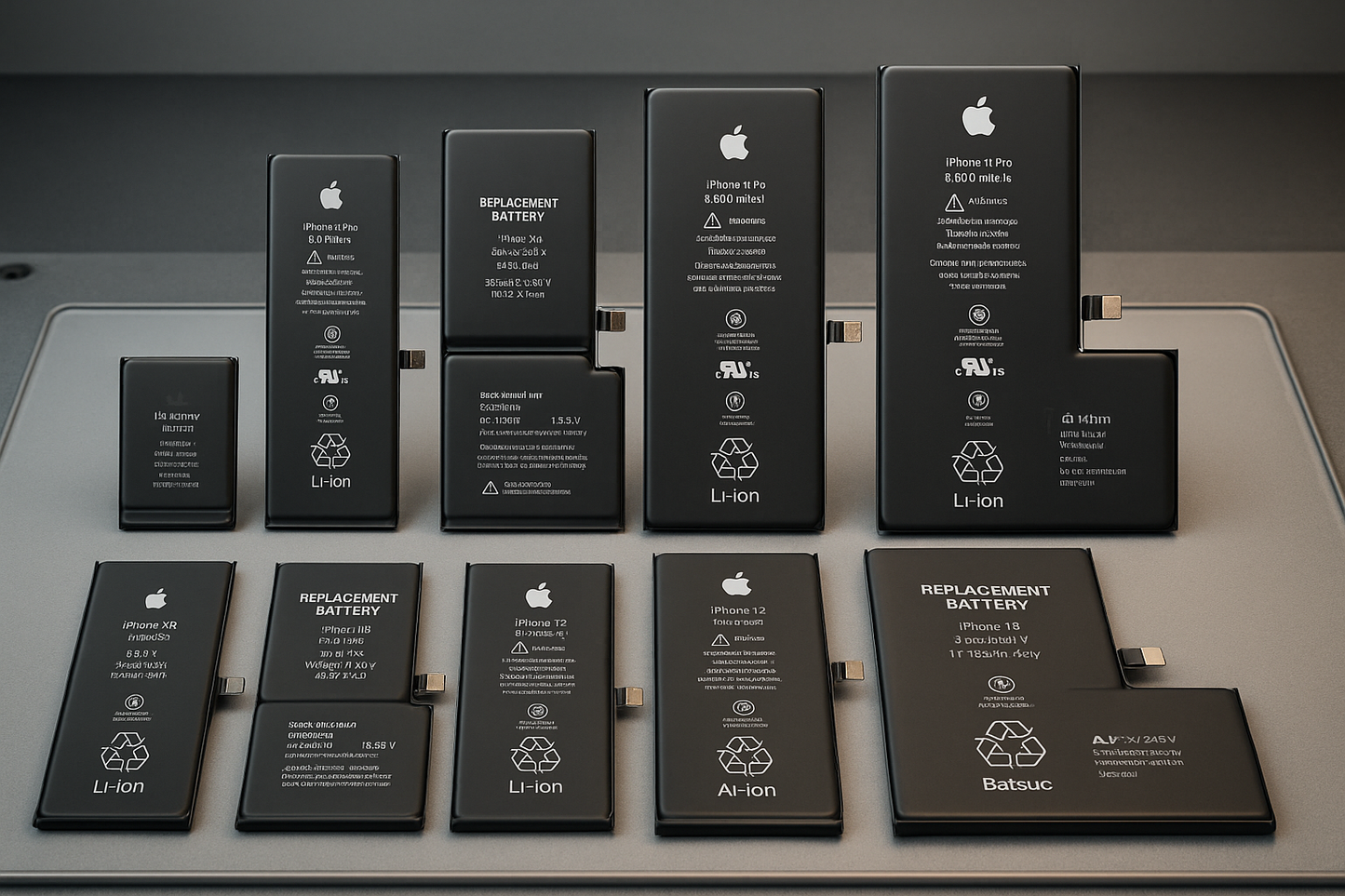 Imagen realista y detallada de baterías originales y de repuesto para todos los modelos de iPhone desde iPhone X hasta iPhone 16 Pro Max, colocadas en una mesa de trabajo de reparación. Vista clara de cada batería con sus etiquetas y conectores, iluminación profesional, fondo neutro.