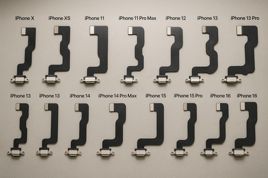 Fotografía de alta calidad mostrando flex de carga para todos los modelos de iPhone desde iPhone X hasta iPhone 16 Pro Max, organizados sobre una superficie limpia de taller, con detalle de los conectores y flexibles. Luz suave, enfoque nítido, fondo neutro.