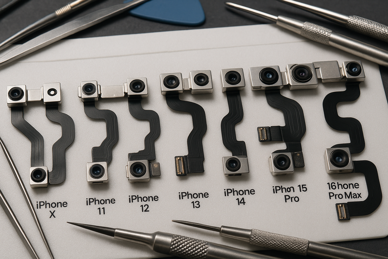 Fotografía realista de módulos de cámara frontal para todos los modelos de iPhone desde iPhone X hasta iPhone 16 Pro Max. Vista cercana que muestre conectores, lentes y componentes, con cada pieza identificable, sobre una mesa técnica con herramientas de reparación.