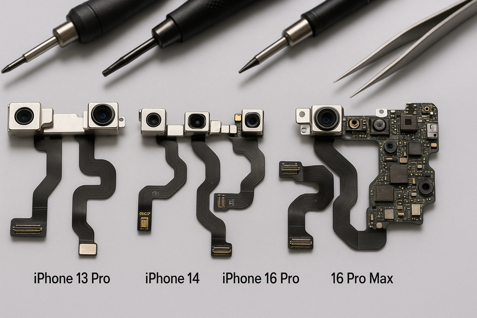 Fotografía realista de sensores internos para iPhone desde iPhone 12 Pro hasta iPhone 16 Pro Max, mostrando los componentes electrónicos y cables flex, en una superficie de reparación limpia con herramientas de precisión alrededor.