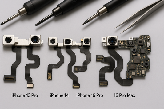 Fotografía realista de sensores internos para iPhone desde iPhone 12 Pro hasta iPhone 16 Pro Max, mostrando los componentes electrónicos y cables flex, en una superficie de reparación limpia con herramientas de precisión alrededor.