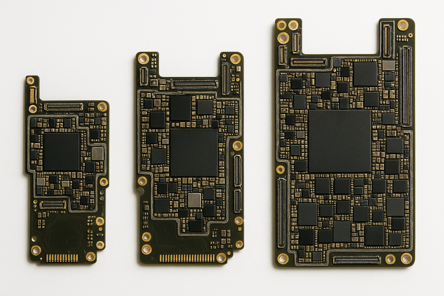 "High-resolution, detailed photograph of the internal logic boards (motherboards) of the complete iPhone 11 series, including iPhone 11, iPhone 11 Pro, and iPhone 11 Pro Max, displayed side by side on a clean white background, professional product photography lighting, sharp focus, realistic colors, showing all chips, circuits, and connectors clearly."
