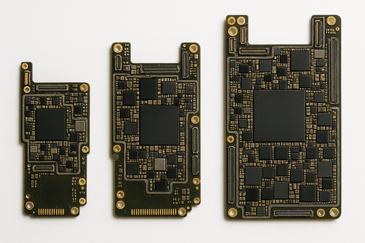 "High-resolution, detailed photograph of the internal logic boards (motherboards) of the complete iPhone 11 series, including iPhone 11, iPhone 11 Pro, and iPhone 11 Pro Max, displayed side by side on a clean white background, professional product photography lighting, sharp focus, realistic colors, showing all chips, circuits, and connectors clearly."
