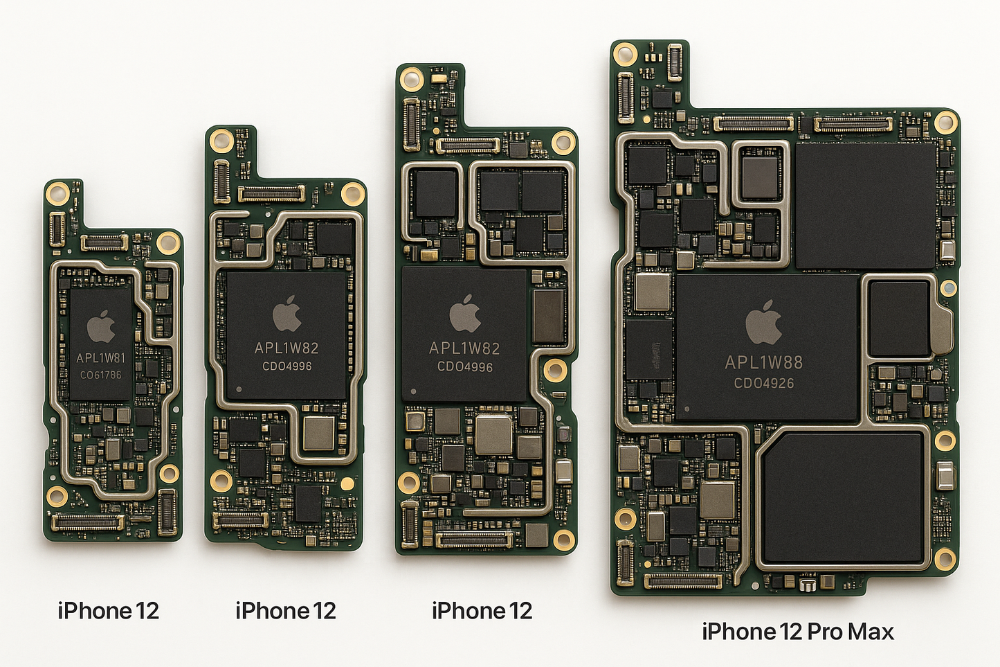 "High-resolution, detailed photograph of the internal logic boards (motherboards) of the complete iPhone 12 series, including iPhone 12, iPhone 12 Mini, iPhone 12 Pro, and iPhone 12 Pro Max, displayed side by side on a clean white background, professional product photography lighting, sharp focus, realistic colors, showing all chips, circuits, and connectors clearly."