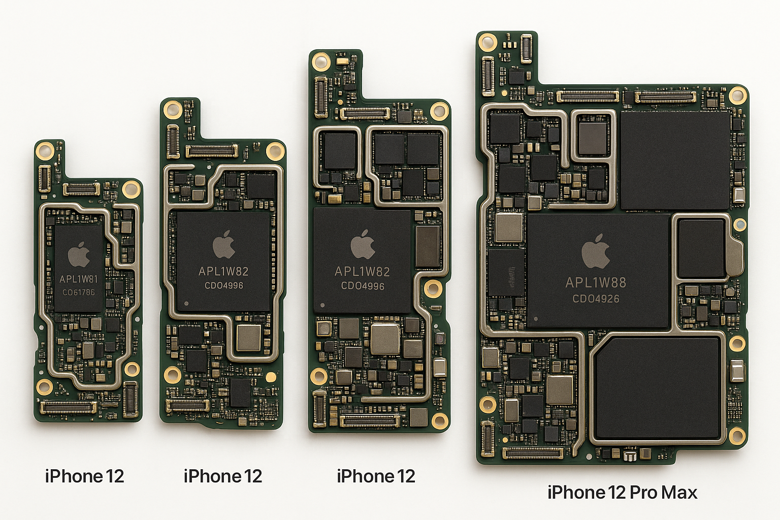 "High-resolution, detailed photograph of the internal logic boards (motherboards) of the complete iPhone 12 series, including iPhone 12, iPhone 12 Mini, iPhone 12 Pro, and iPhone 12 Pro Max, displayed side by side on a clean white background, professional product photography lighting, sharp focus, realistic colors, showing all chips, circuits, and connectors clearly."