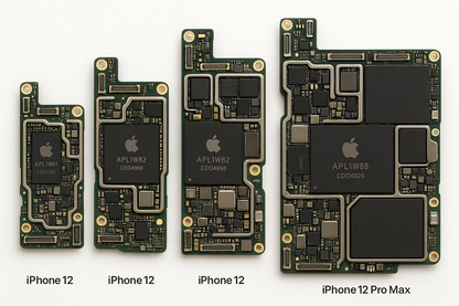 "High-resolution, detailed photograph of the internal logic boards (motherboards) of the complete iPhone 12 series, including iPhone 12, iPhone 12 Mini, iPhone 12 Pro, and iPhone 12 Pro Max, displayed side by side on a clean white background, professional product photography lighting, sharp focus, realistic colors, showing all chips, circuits, and connectors clearly."