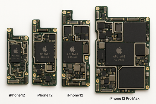"High-resolution, detailed photograph of the internal logic boards (motherboards) of the complete iPhone 12 series, including iPhone 12, iPhone 12 Mini, iPhone 12 Pro, and iPhone 12 Pro Max, displayed side by side on a clean white background, professional product photography lighting, sharp focus, realistic colors, showing all chips, circuits, and connectors clearly."