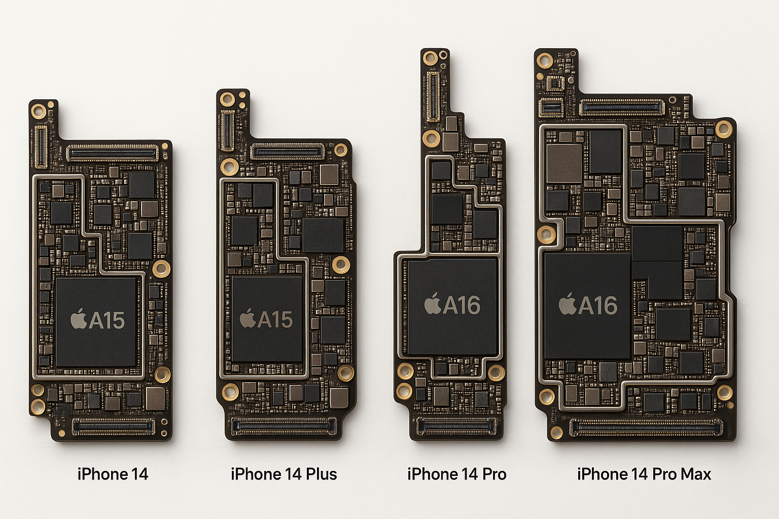 "High-resolution, detailed photograph of the internal logic boards (motherboards) of the complete iPhone 14 series with eSIM only (no SIM card tray slot), including iPhone 14, iPhone 14 Plus, iPhone 14 Pro, and iPhone 14 Pro Max, displayed side by side on a clean white background, professional product photography lighting, sharp focus, realistic colors, showing all chips, circuits, and connectors clearly.".