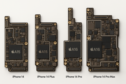 "High-resolution, detailed photograph of the internal logic boards (motherboards) of the complete iPhone 14 series with eSIM only (no SIM card tray slot), including iPhone 14, iPhone 14 Plus, iPhone 14 Pro, and iPhone 14 Pro Max, displayed side by side on a clean white background, professional product photography lighting, sharp focus, realistic colors, showing all chips, circuits, and connectors clearly.".