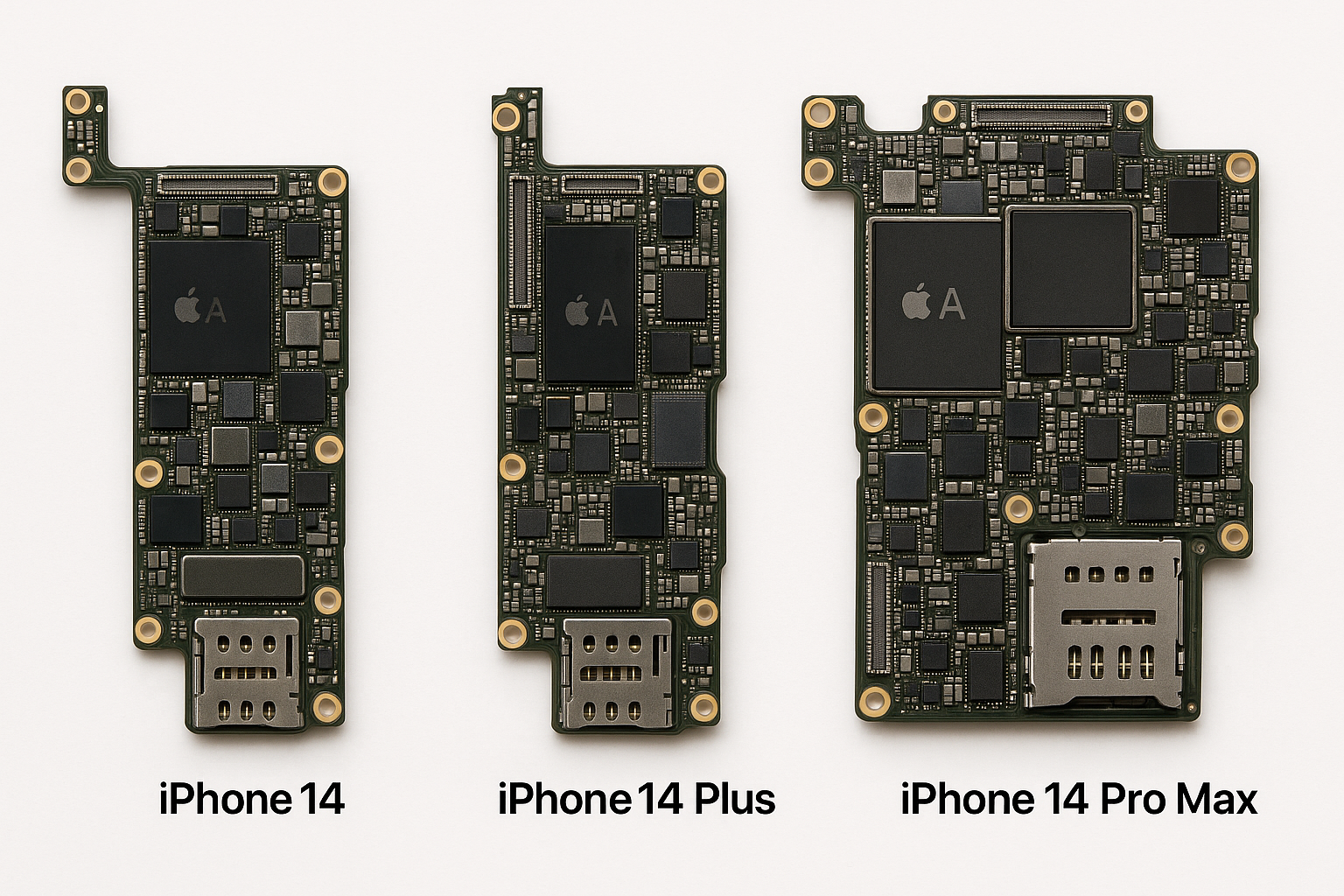 "High-resolution, detailed photograph of the internal logic boards (motherboards) of the complete iPhone 14 series with physical SIM slot (SIM tray connector clearly visible), including iPhone 14, iPhone 14 Plus, iPhone 14 Pro, and iPhone 14 Pro Max, displayed side by side on a clean white background, professional product photography lighting, sharp focus, realistic colors, showing all chips, circuits, and connectors clearly."
