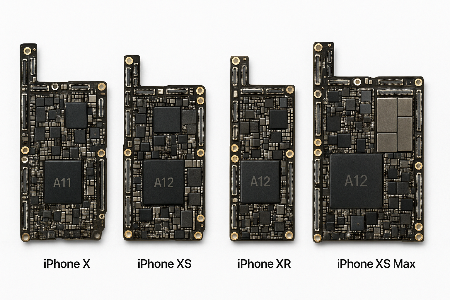 "High-resolution, detailed photograph of the internal logic boards (motherboards) of the complete iPhone X series, including iPhone X, iPhone XS, iPhone XR, and iPhone XS Max, displayed side by side on a clean white background, professional product photography lighting, sharp focus, realistic colors, showing all chips, circuits, and connectors clearly."