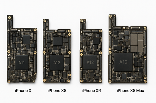 "High-resolution, detailed photograph of the internal logic boards (motherboards) of the complete iPhone X series, including iPhone X, iPhone XS, iPhone XR, and iPhone XS Max, displayed side by side on a clean white background, professional product photography lighting, sharp focus, realistic colors, showing all chips, circuits, and connectors clearly."