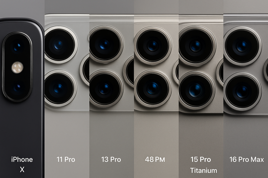Imagen detallada de módulos de cámara trasera para todos los modelos de iPhone desde iPhone X hasta iPhone 16 Pro Max. Vista macro de las lentes y módulos, mostrando diferentes tamaños y configuraciones, con luz profesional y fondo neutro.