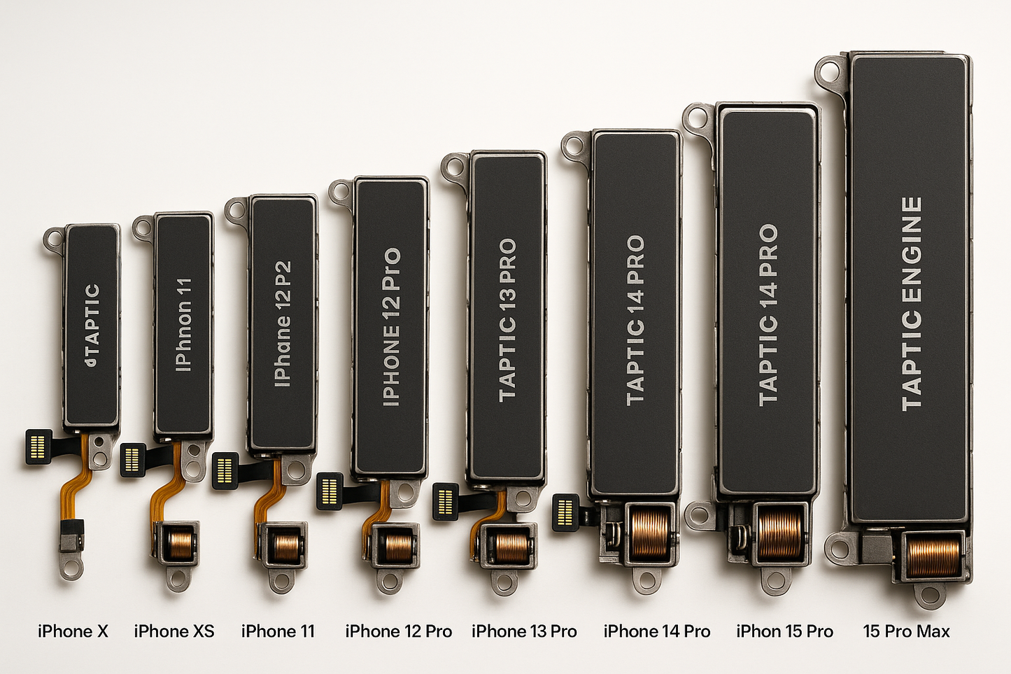 Imagen en alta resolución de motores hápticos (vibradores) para todos los modelos de iPhone desde iPhone X hasta iPhone 16 Pro Max, dispuestos en fila, con detalle visible de tornillos y conectores, iluminación de estudio.