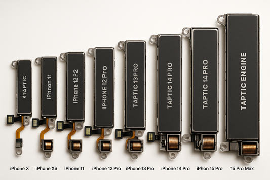 Imagen en alta resolución de motores hápticos (vibradores) para todos los modelos de iPhone desde iPhone X hasta iPhone 16 Pro Max, dispuestos en fila, con detalle visible de tornillos y conectores, iluminación de estudio.