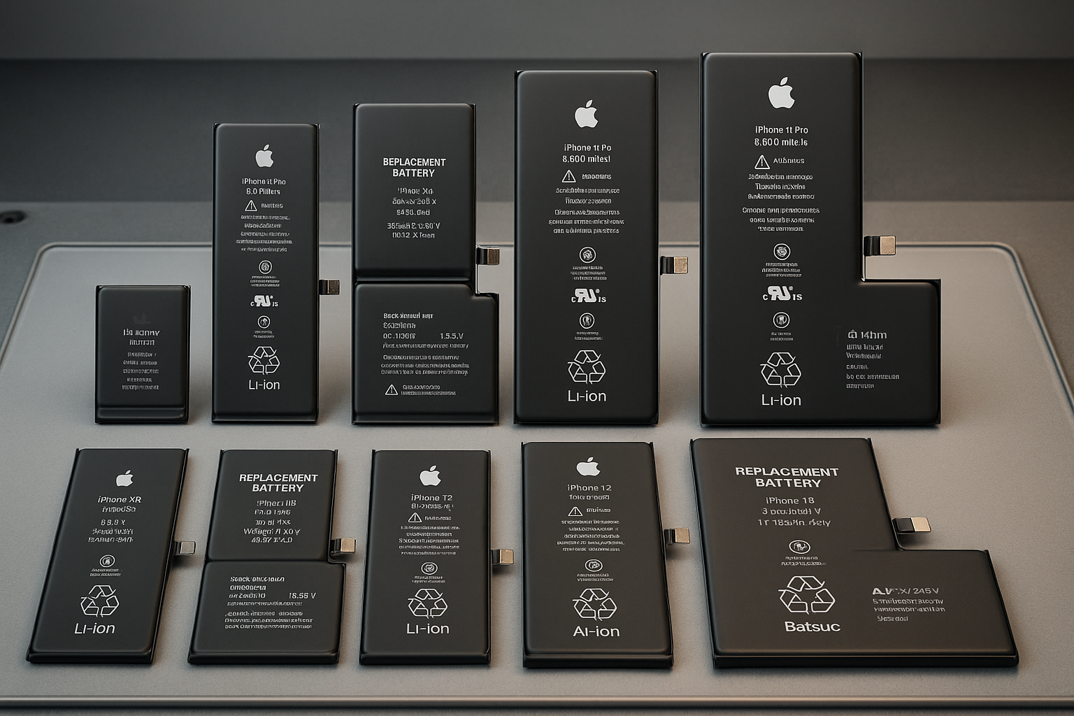 Imagen realista y detallada de baterías originales y de repuesto para todos los modelos de iPhone desde iPhone X hasta iPhone 16 Pro Max, colocadas en una mesa de trabajo de reparación. Vista clara de cada batería con sus etiquetas y conectores, iluminación profesional, fondo neutro.